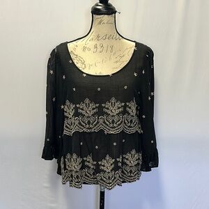 American Eagle Outfitters Black and Cream Embellished 3/4 Sleeve Blouse